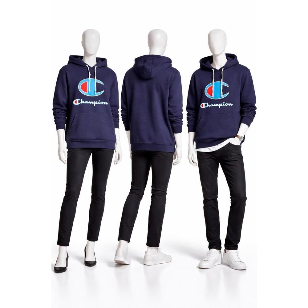 Champion Mens L Blue Fleece Hoodie Pullover Cotton Blend Drawstring Logo